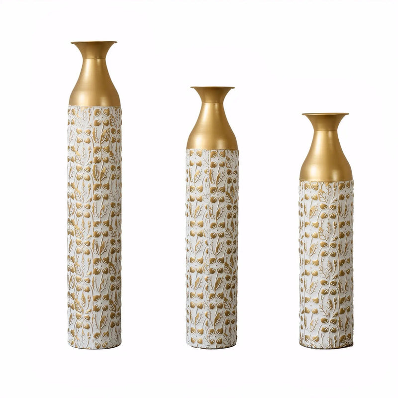 Mother's Day Gift Set Gilded White 3D Relief Flower Metal Vase Set - White / Gold by HouseOfZazla