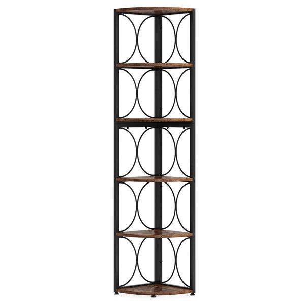 Tall 6 Tier Corner Bookshelf Storage Rack For Living Room - Rustic Brown