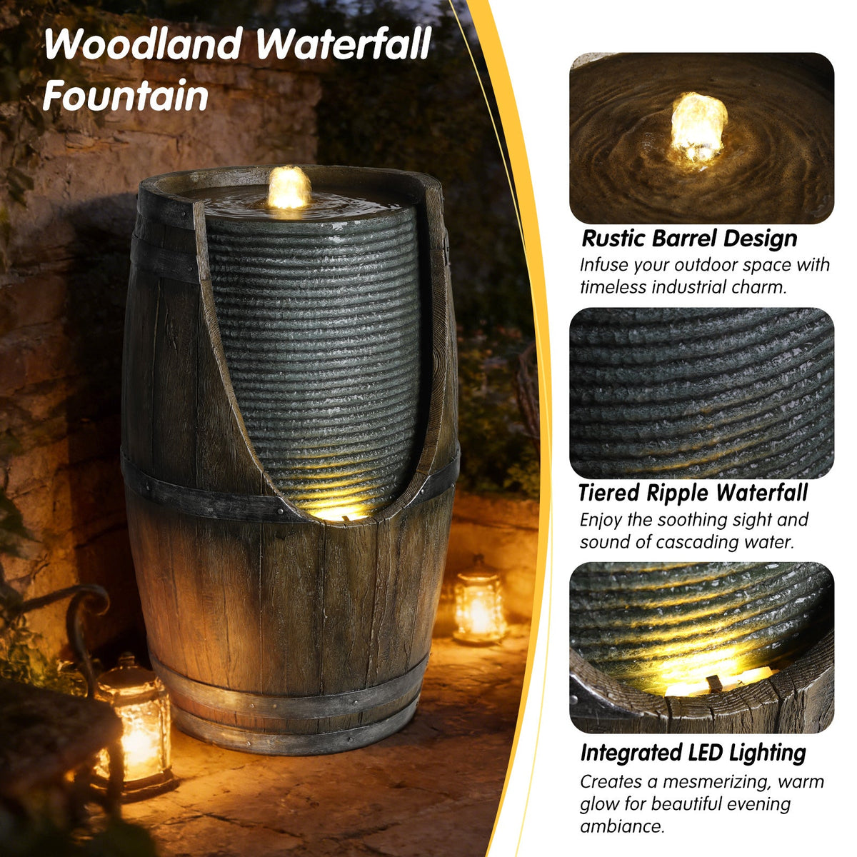 Resin Rustic Barrel Outdoor Water Fountain 24 Inch LED, photo 5 of 10