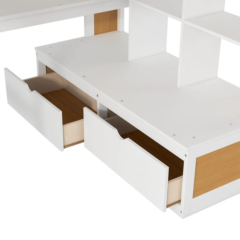 Full Size Loft Bed With Desk And Shelves, 2 Built In Drawers, Storage Staircase - Natural / White by Unique Piece Furniture