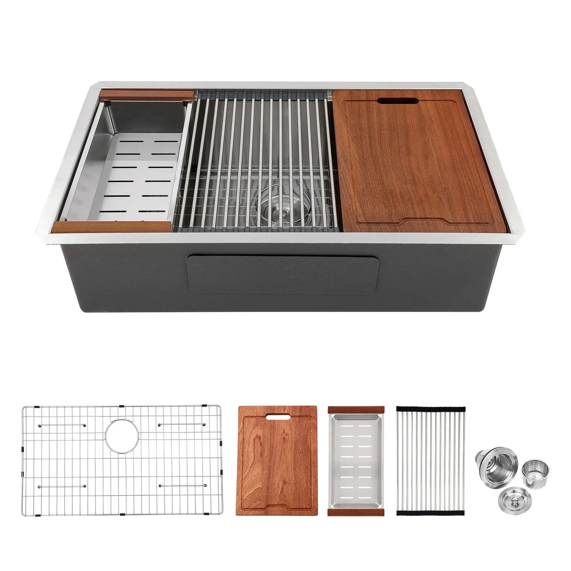 Premium Single Bowl Undermount Workstation Kitchen Sink With Accessories, Finish, 16 Gauge Stainless Steel - Black by HouseOfZazla