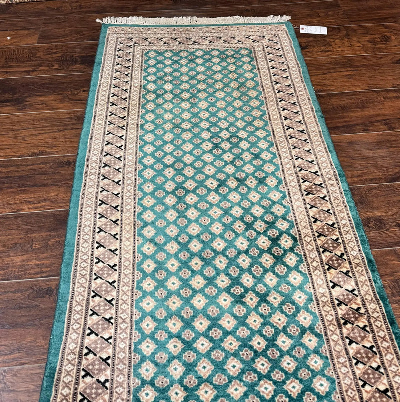 Long Pakistani Runner Rug 2.8 x 20, Hand Knotted Vintage Wool Hallway Rug, Turkoman Rug, Teal and Tan, Handmade Vintage Wool Runner by Jewel Rugs
