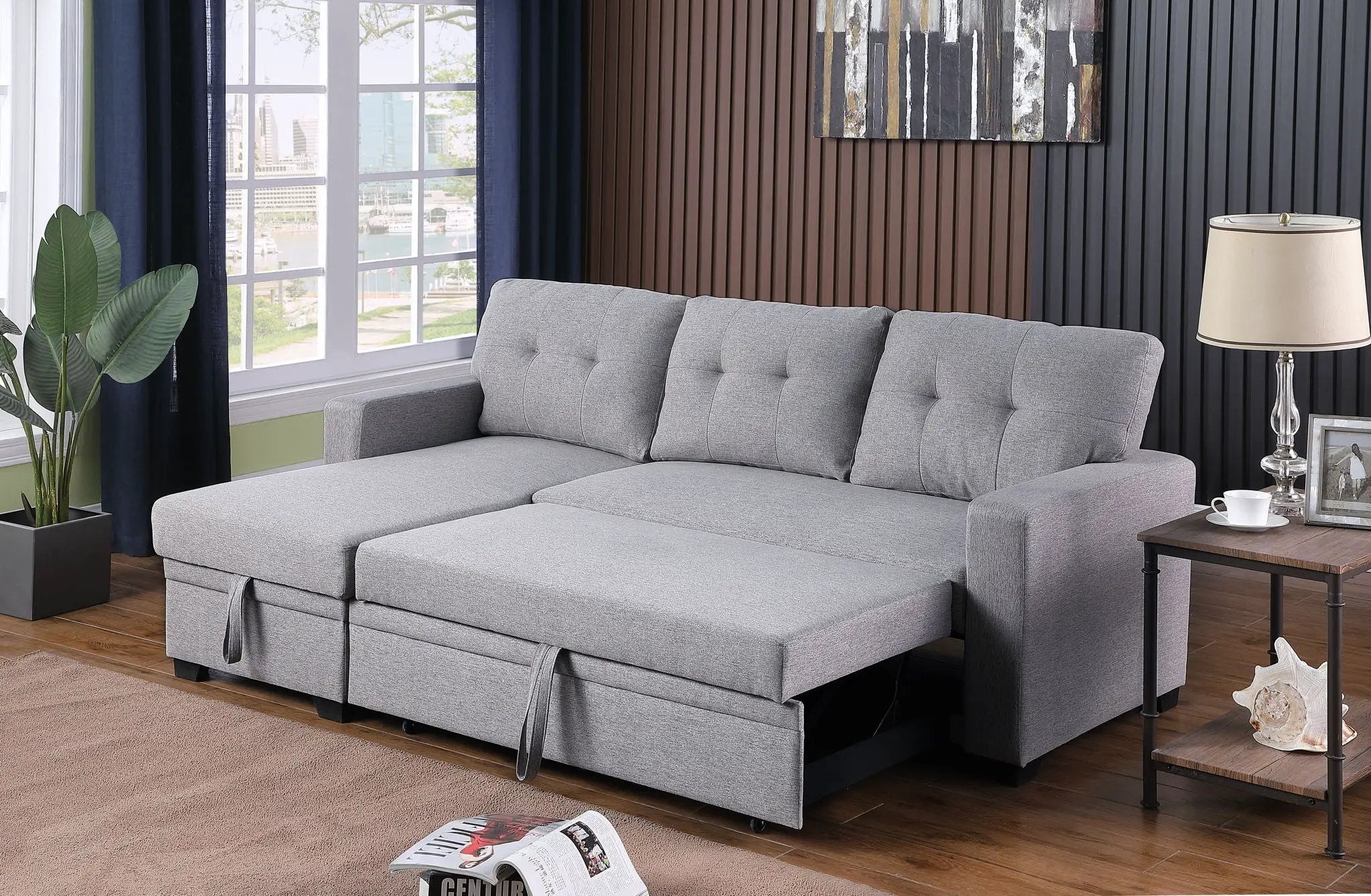 Upholstered Pull Out Sectional Sofa With Chaise by HouseOfZazla
