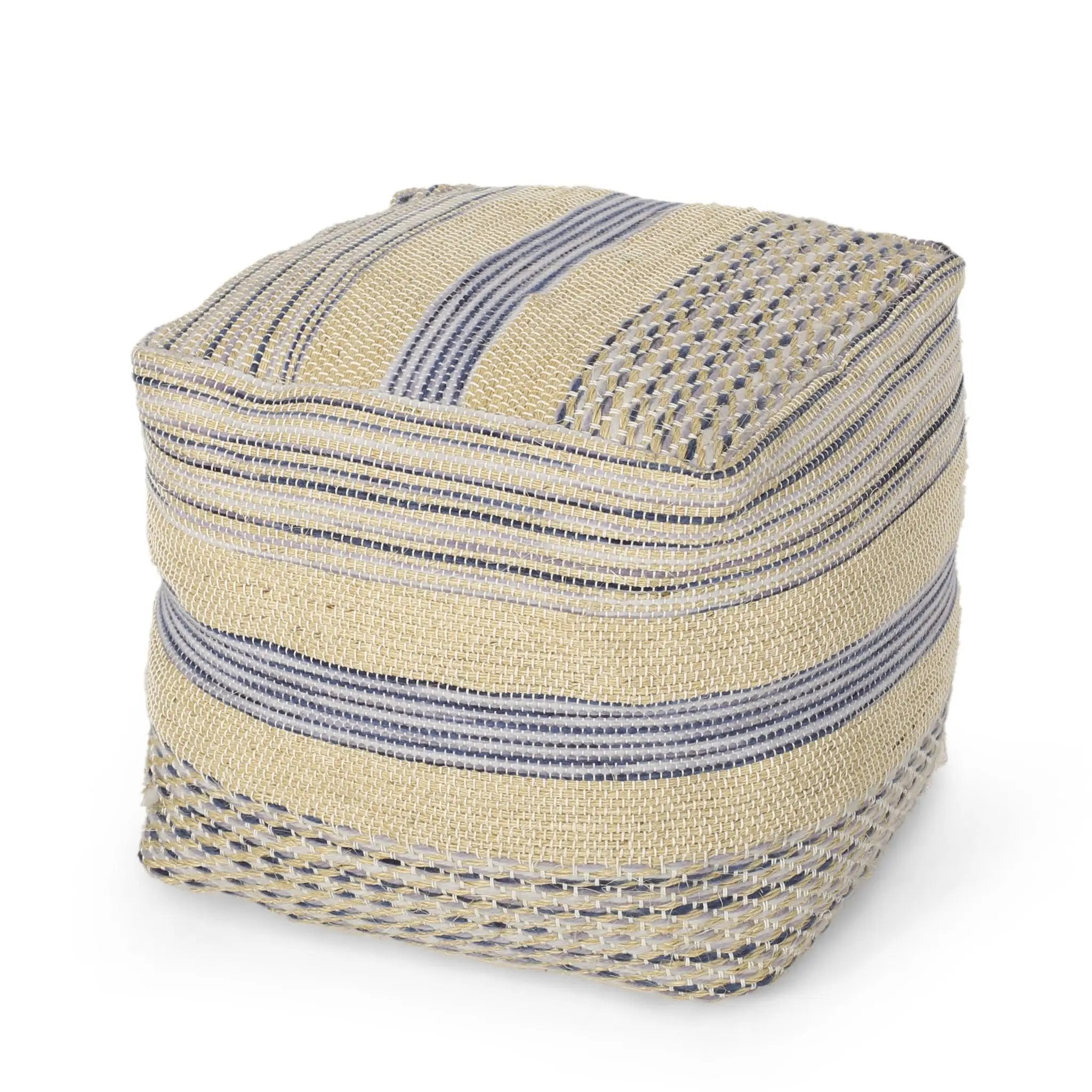 Western - Handcrafted Fabric Pouf, Durable - Natural / Blue by Unique Piece Furniture