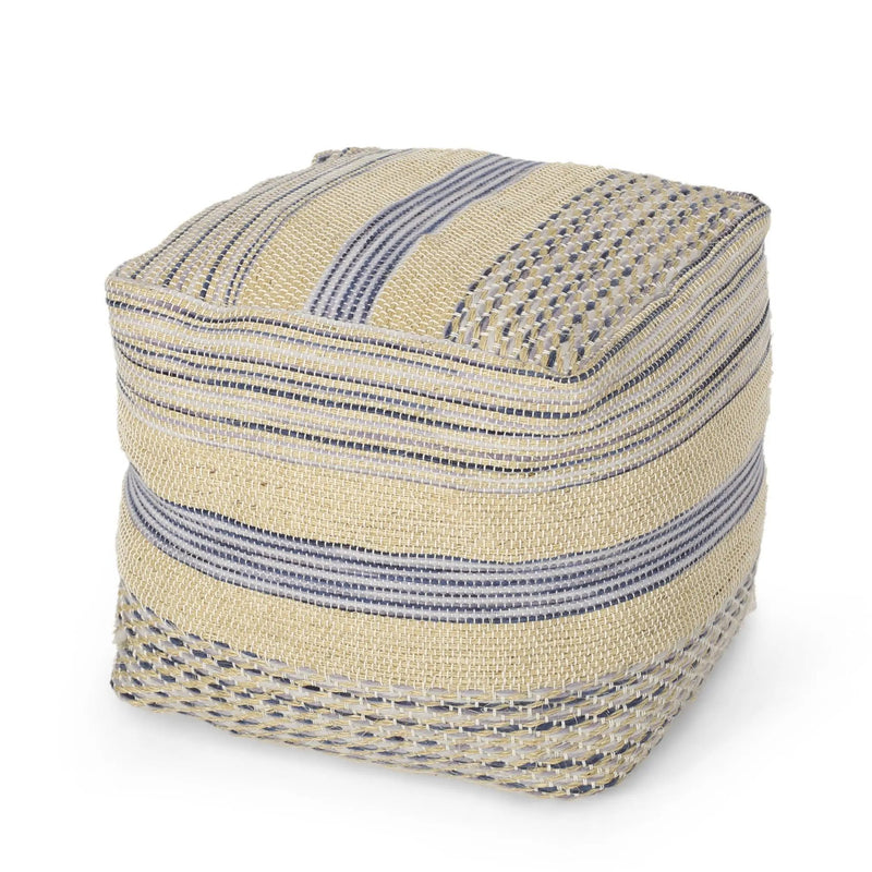 Western - Handcrafted Fabric Pouf, Durable - Natural / Blue by Unique Piece Furniture