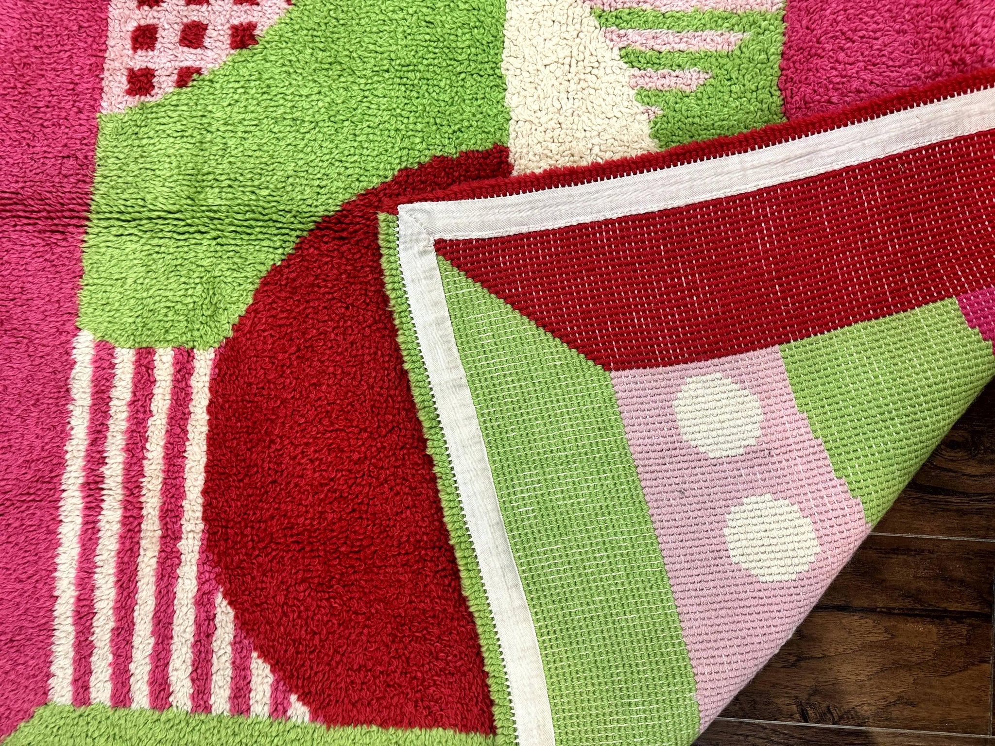 European Shag Rug 4.8 x 4.8, Modern Abstract Design, Green Pink Red, Square Shag Rug, Unique by Jewel Rugs