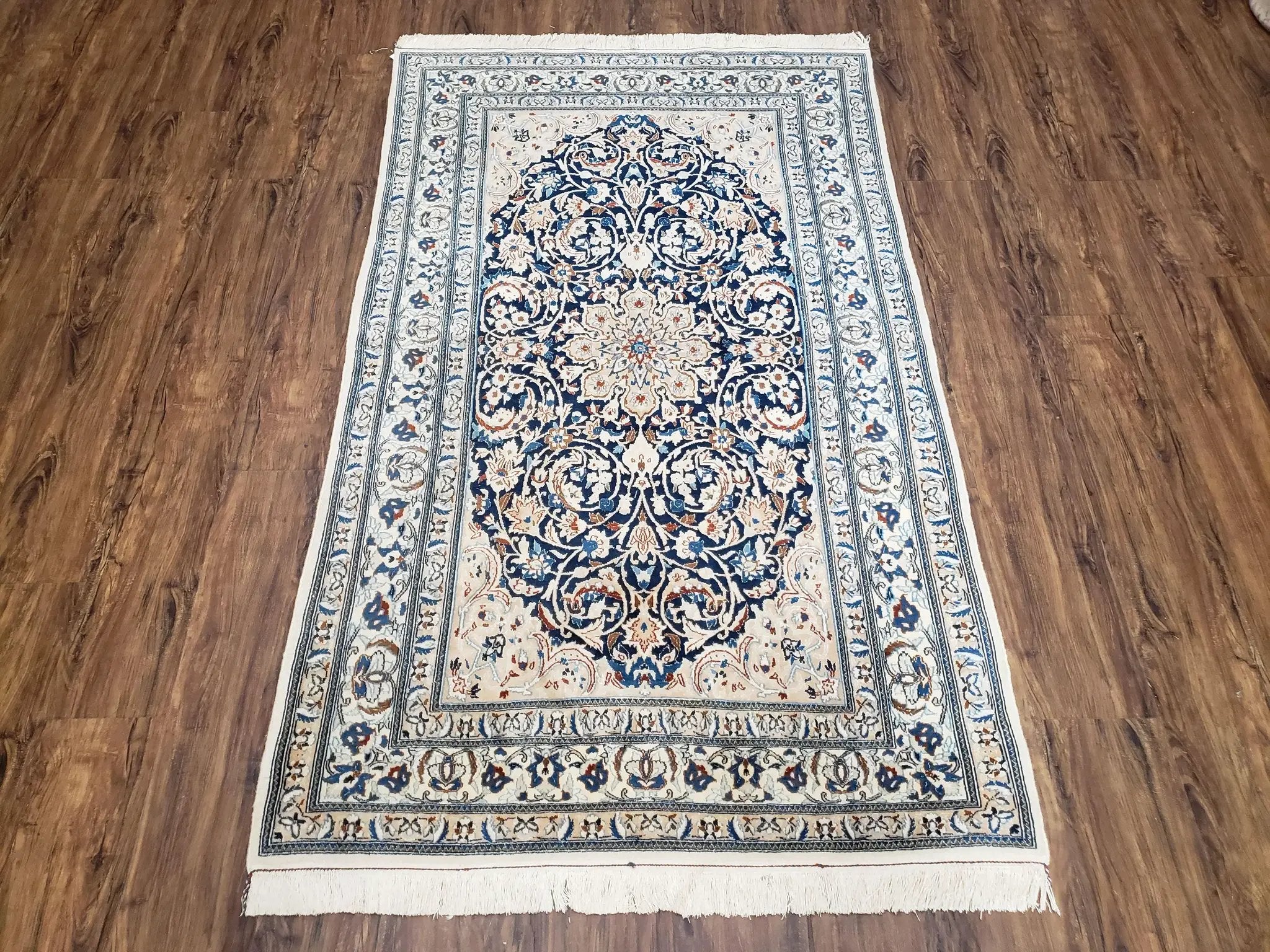 Persian Nain Rug 4x6, Ivory and Blue, Hand-Knotted, Wool & Silk by Jewel Rugs
