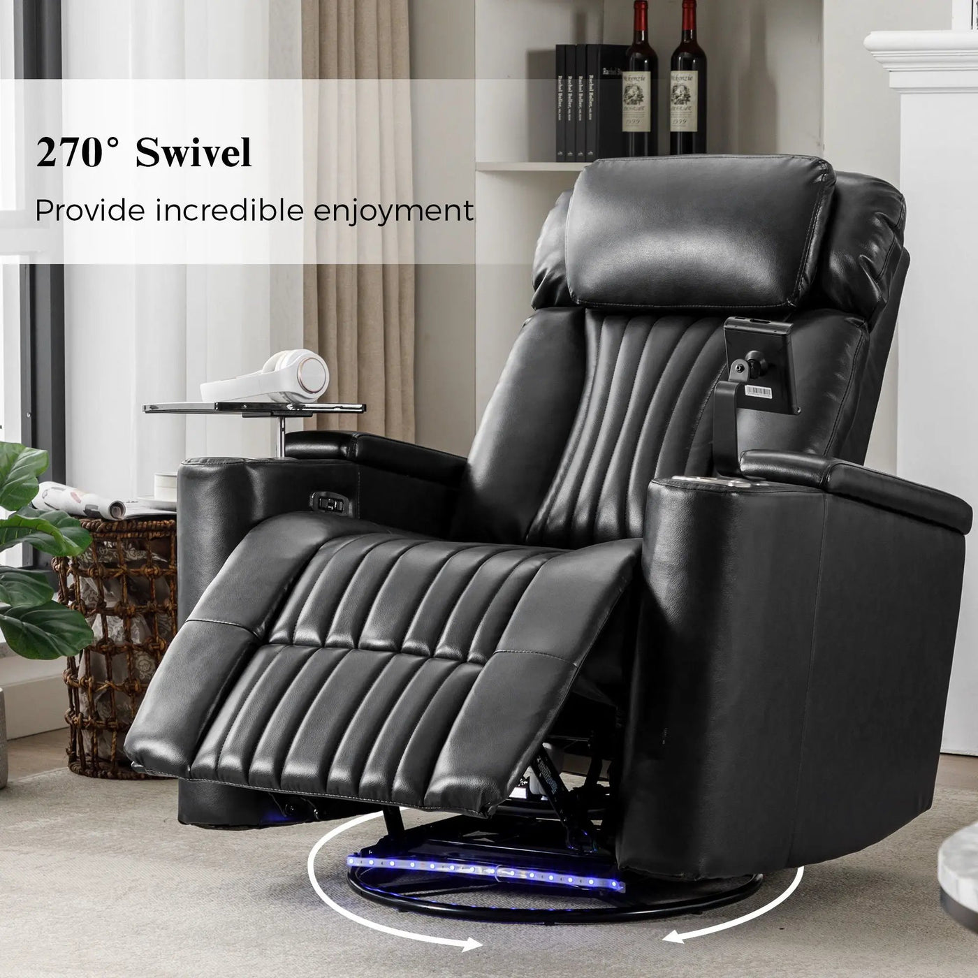 270° Power Swivel Recliner Home Theater Chair With Hidden Arm Storage, LED Light, Cup Holder, And Tray Table by Unique Piece Furniture