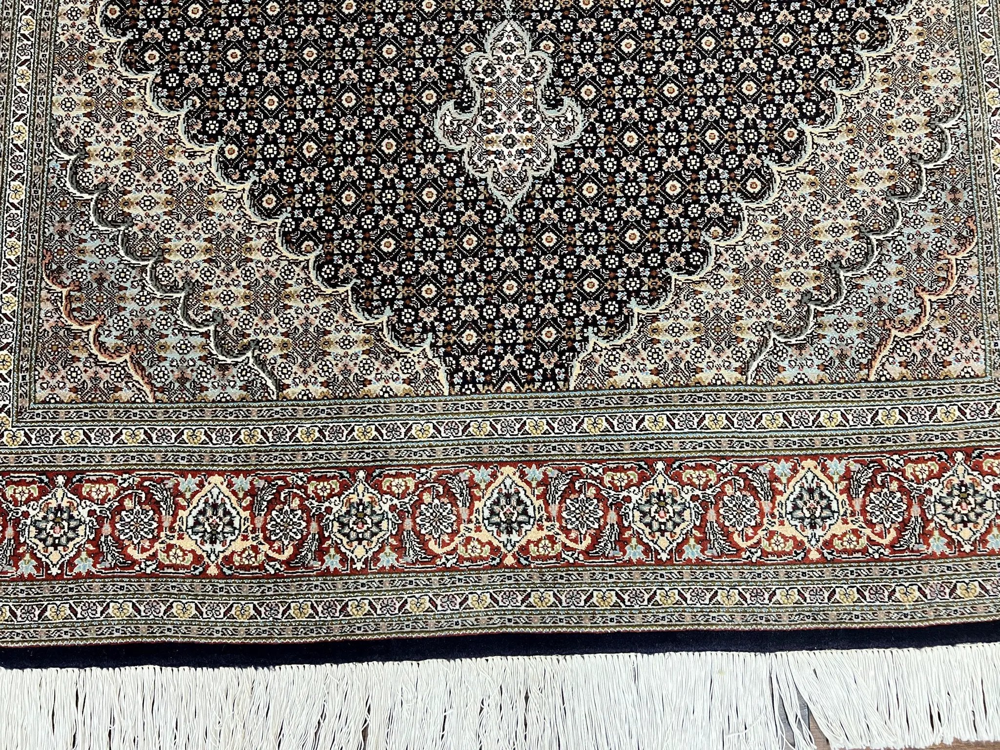 Persian Tabriz Rug 5x7, Wool with Silk Highlights, Hand Knotted Vintage Oriental Carpet, Very Fine, Herati Mahi Pattern, Black, Rare by Jewel Rugs