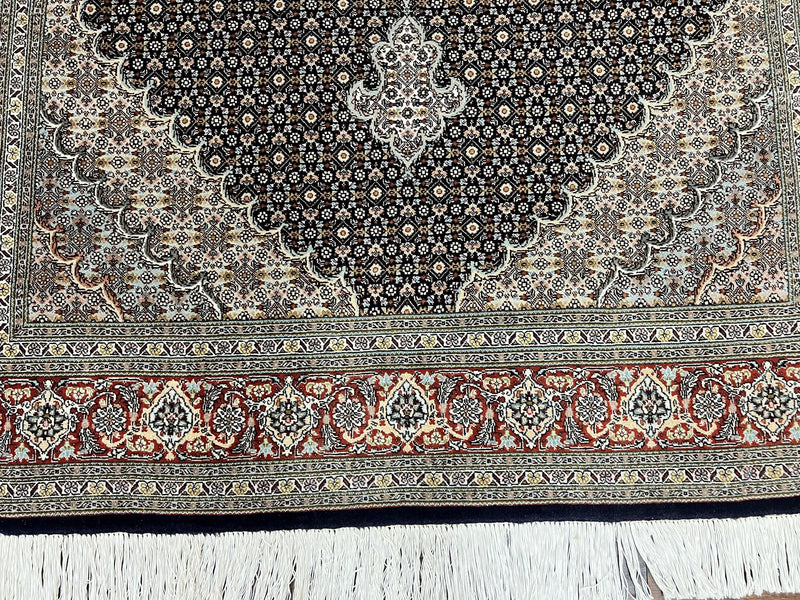Persian Tabriz Rug 5x7, Wool with Silk Highlights, Hand Knotted Vintage Oriental Carpet, Very Fine, Herati Mahi Pattern, Black, Rare by Jewel Rugs
