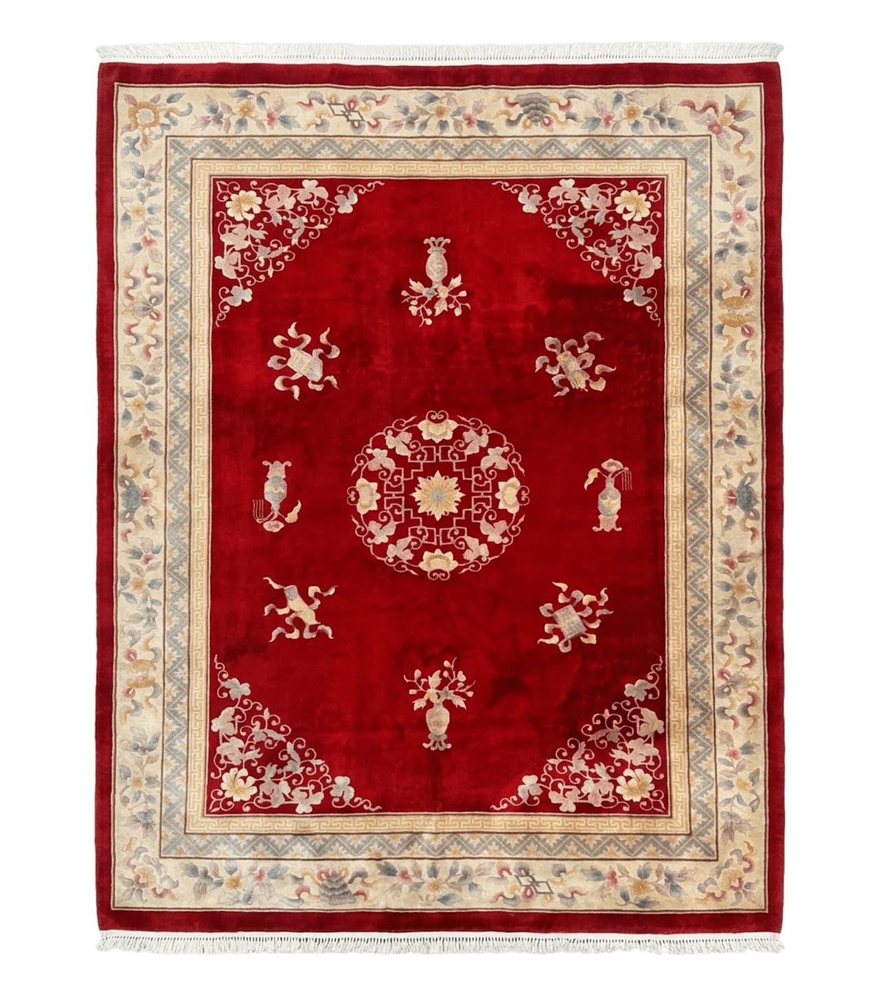 Chinese Wool Rug 8.6 x 11, Red and Beige Asian Oriental Carpet, Plush Pile, Vintage Handmade Chinese Carving Sculpted Rug, Semi Open Field by Jewel Rugs