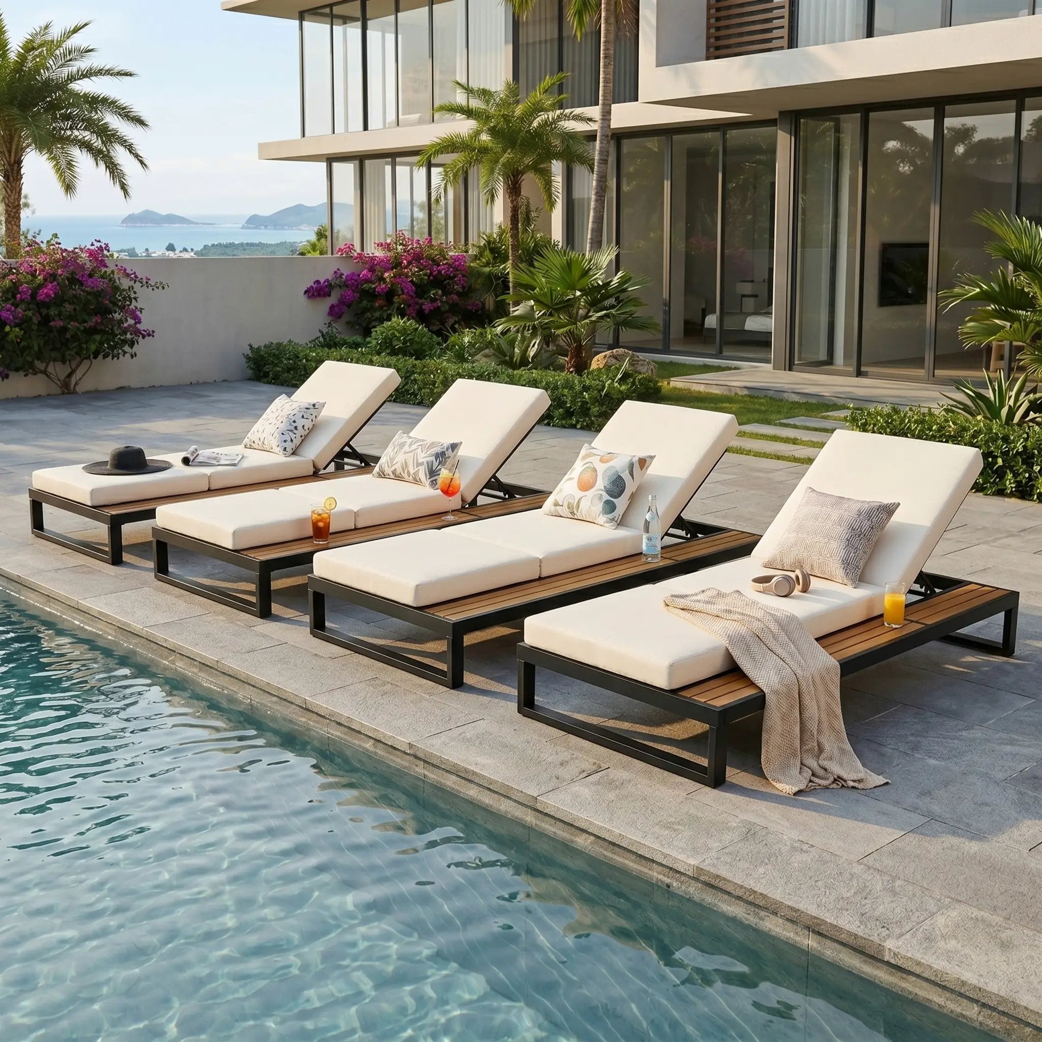 Black Iron & Teak Finish Chaise Lounge Set by HouseOfZazla