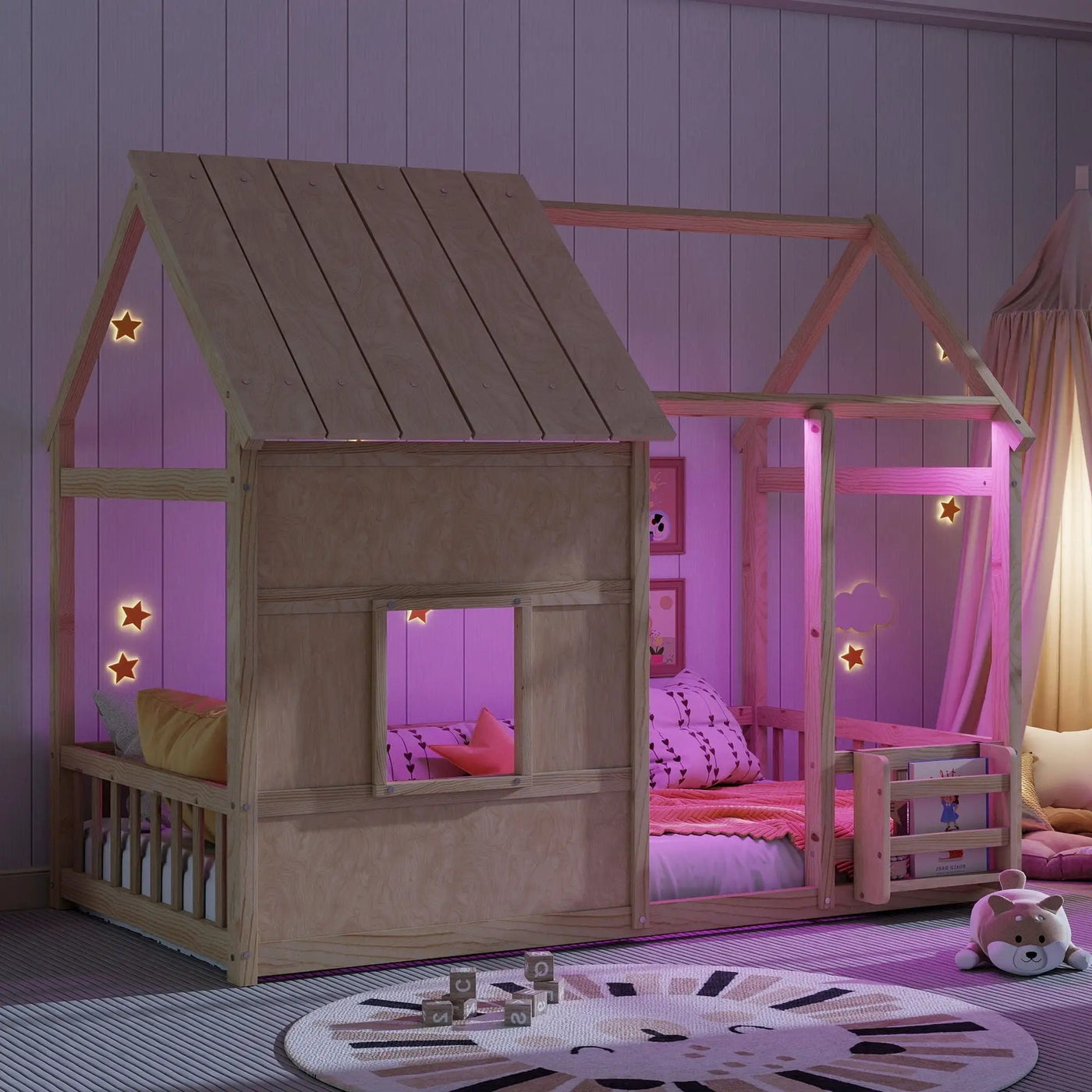 House Floor Bed With 7 Color LED Light, Built In Bookshelf by Unique Piece Furniture