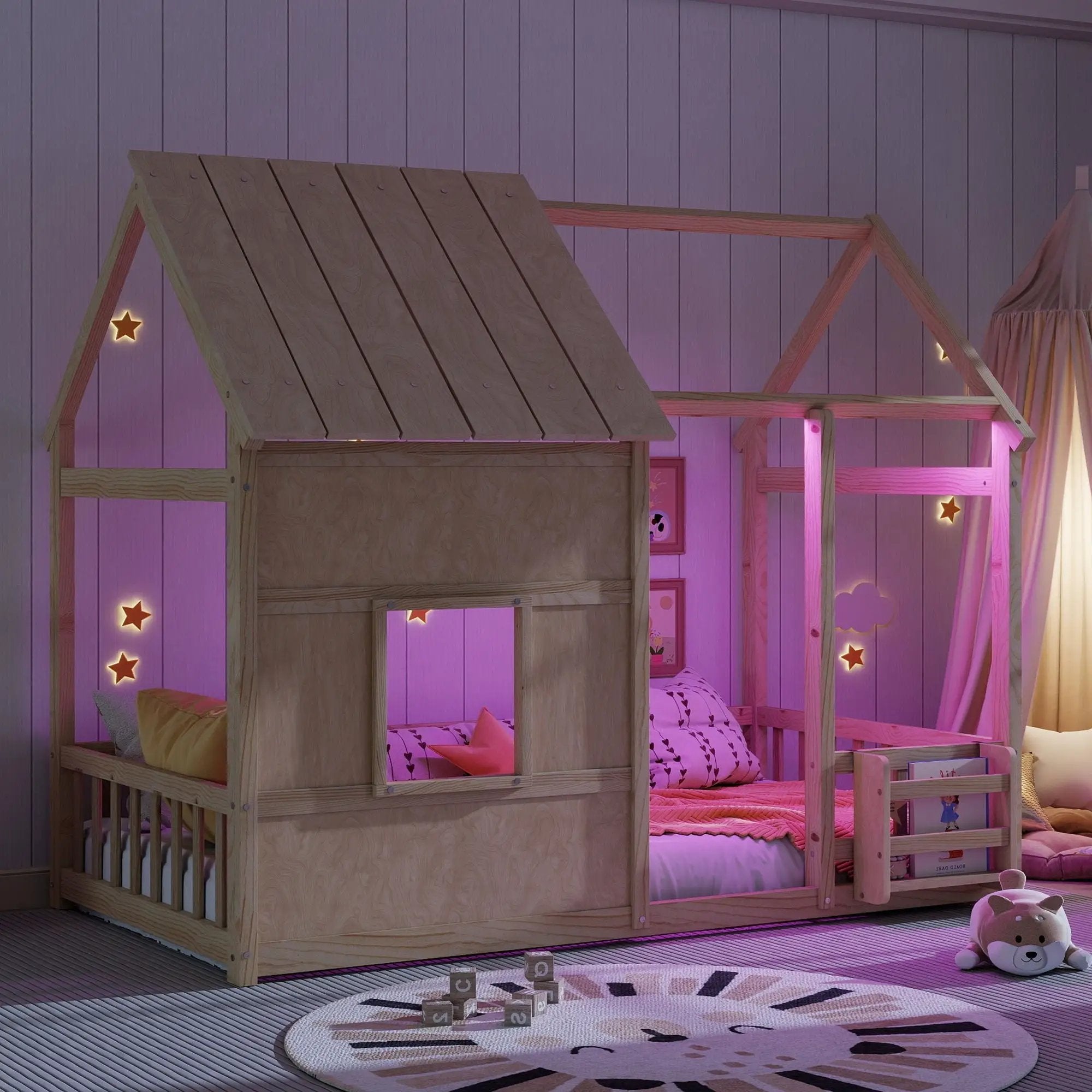 House Floor Bed With 7 Color LED Light, Built In Bookshelf by Unique Piece Furniture