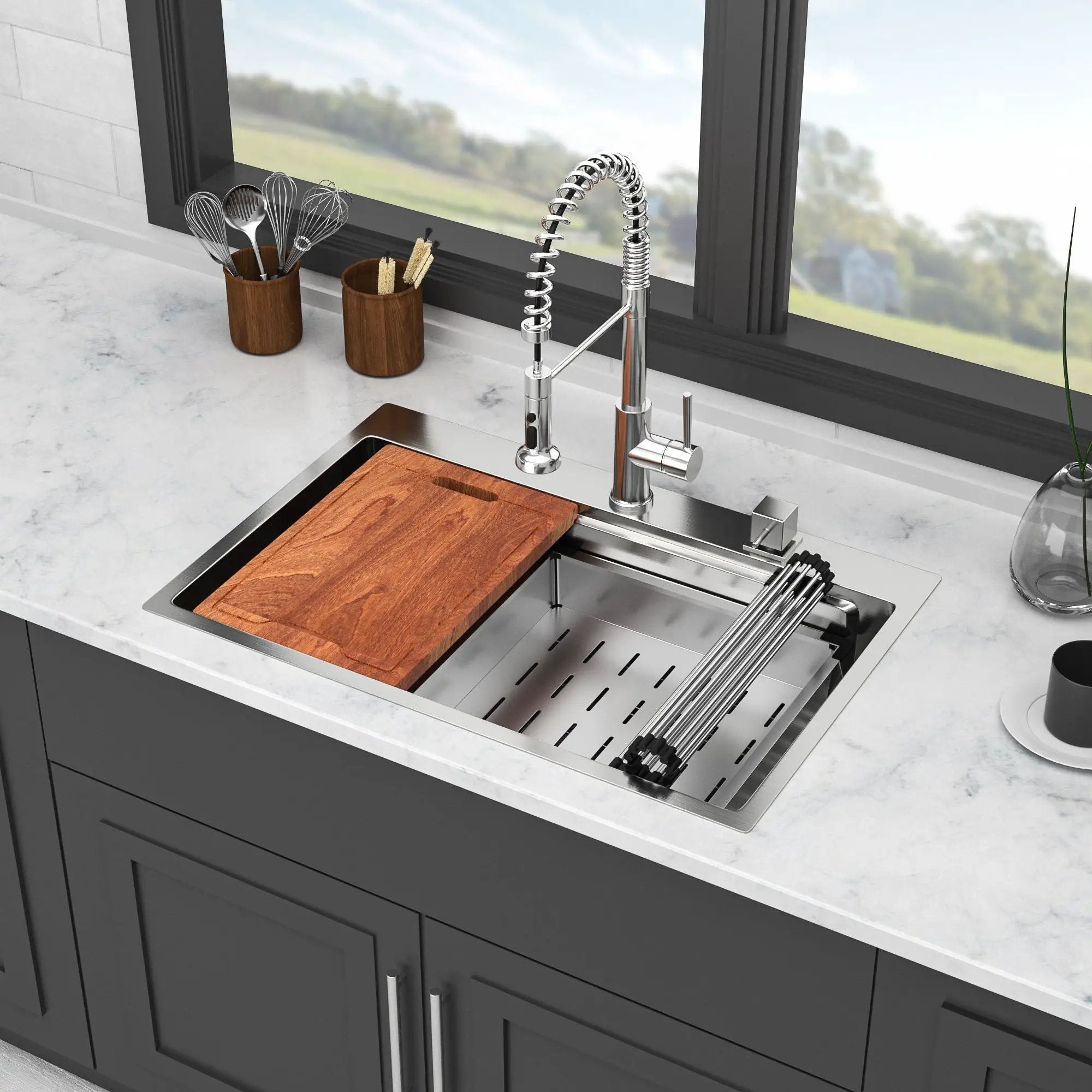 33" Drop In Kitchen Sink Single Bowl 16 Gauge Stainless Steel Ledge Workstation - Black by HouseOfZazla
