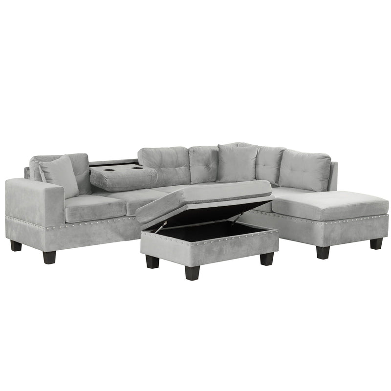 Modern Sectional Sofa With Storage Ottoman, L - Shape Couch With 2 Pillows And Cup Holders by HouseOfZazla