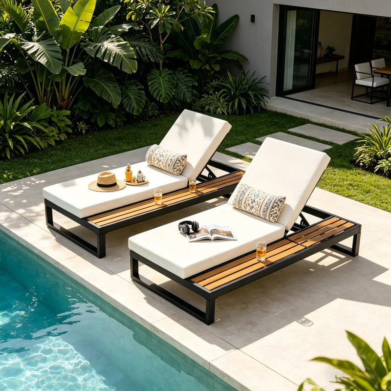 Black Iron & Teak Finish Chaise Lounge Set: 1 Frame + 1 2-Fold by HouseOfZazla