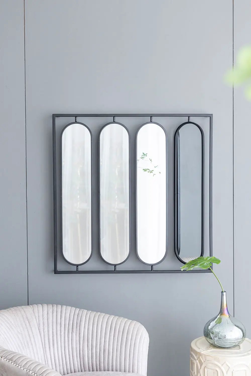 Large 4 Oval Wall Mirror With Square Frame, Home Decor For Living Room, Bedroom, Entryway, Office - Black by Unique Piece Furniture
