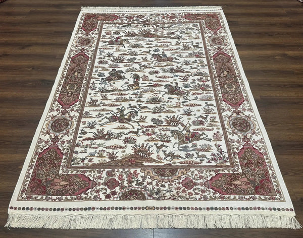 Turkish Silk Rug 5x8, Ivory, Hunting Design, Animal Pictorials, Bamboo Silk, photo 2 of 13