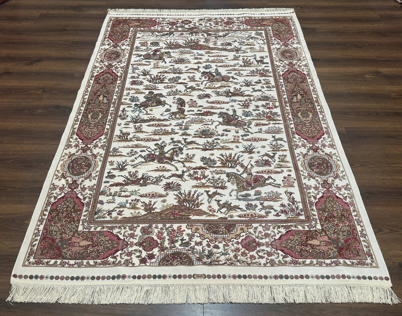 Turkish Silk Rug 5x8, Ivory, Hunting Design, Animal Pictorials, Bamboo Silk by Jewel Rugs