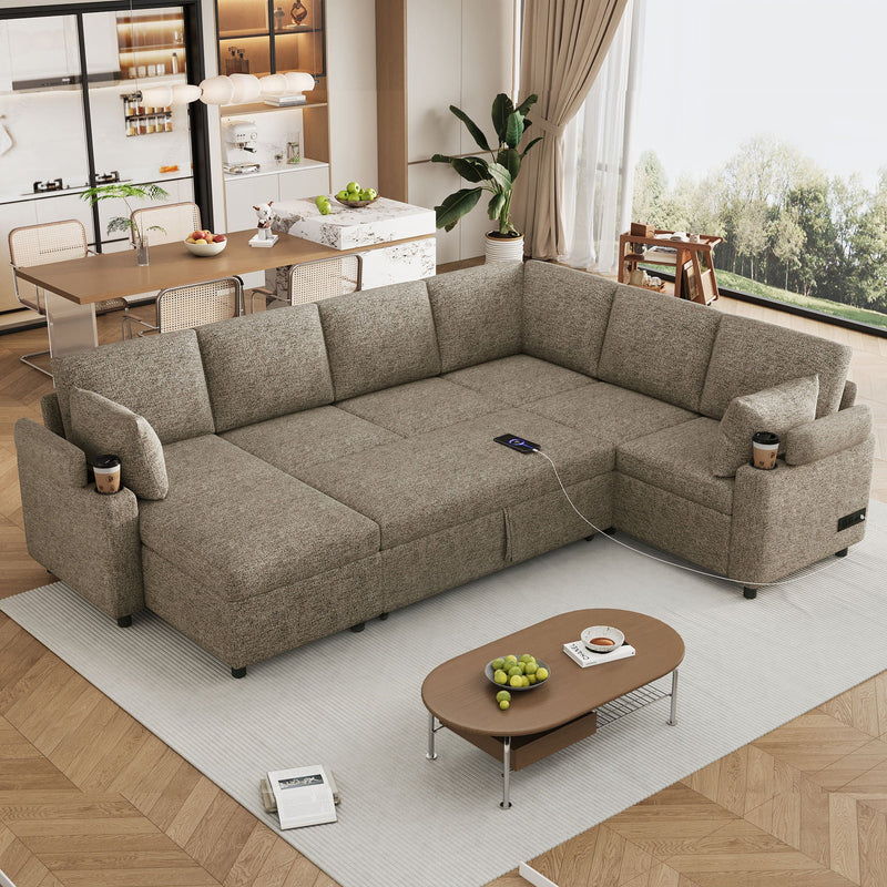 U-Shaped Sectional Sofa Bed With Storage, Charging Ports, And Cup Holders - Brown by Unique Piece Furniture
