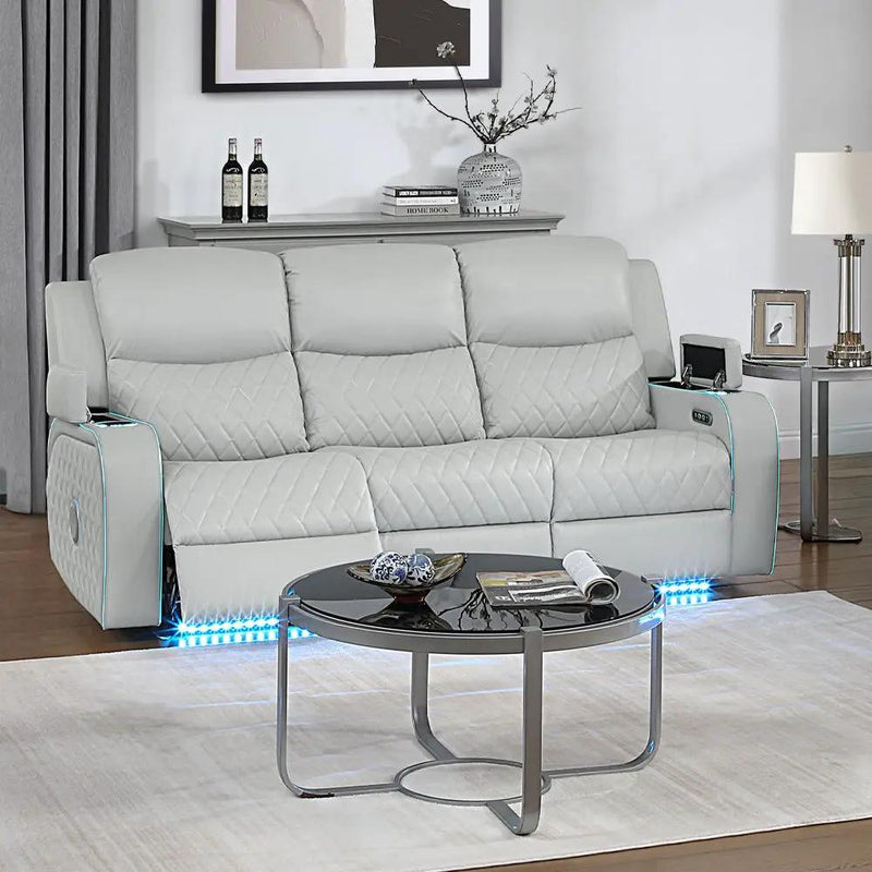 Elonzo - Power Motion Sofa With LED, Power Headrest & Speaker - Light Gray by Unique Piece Furniture