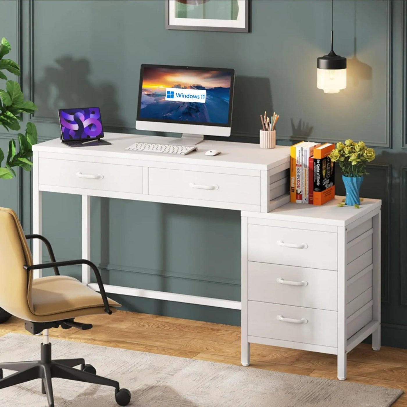 Computer Desk With Reversible 5 Drawer Storage, Frame Writing Table For Small Spaces by HouseOfZazla
