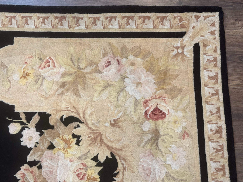 Chinese Aubusson Rug 6x9, Wool Pile, Black, Floral, Elegant by Jewel Rugs