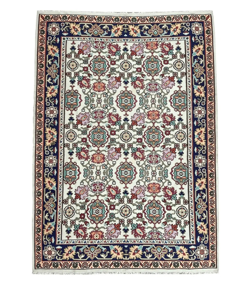 Antique Turkish Kilim Rug 7x10 Allover Pattern, Ivory Cream Maroon Light Blue, Wool Flatweave Hand Woven, Large Kilim, Vintage Kilim Carpet by Jewel Rugs