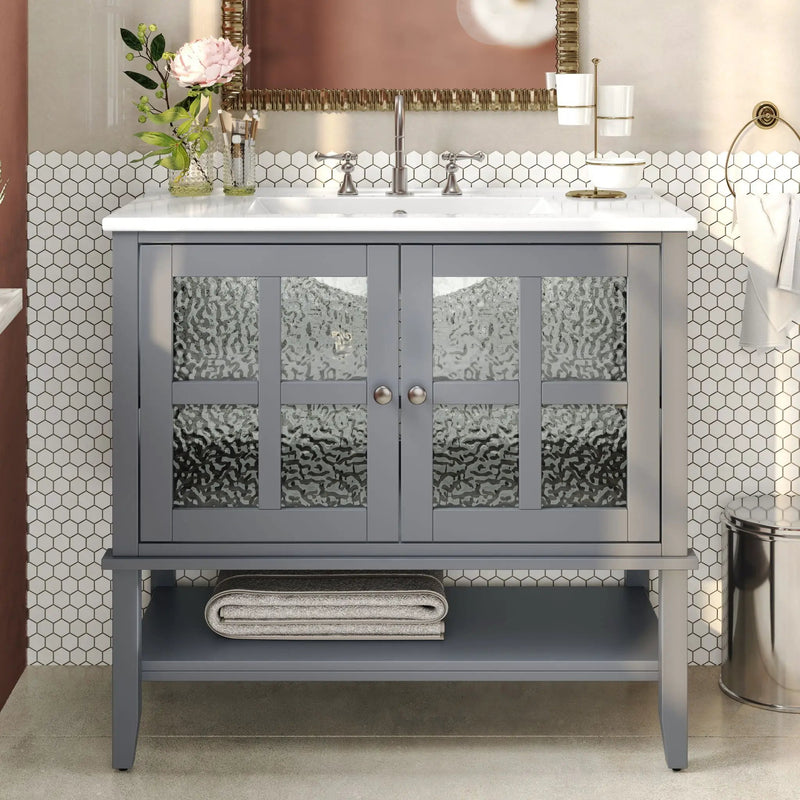 Bathroom Vanity With Ceramic Sink, Adjustable & Open Shelf by HouseOfZazla