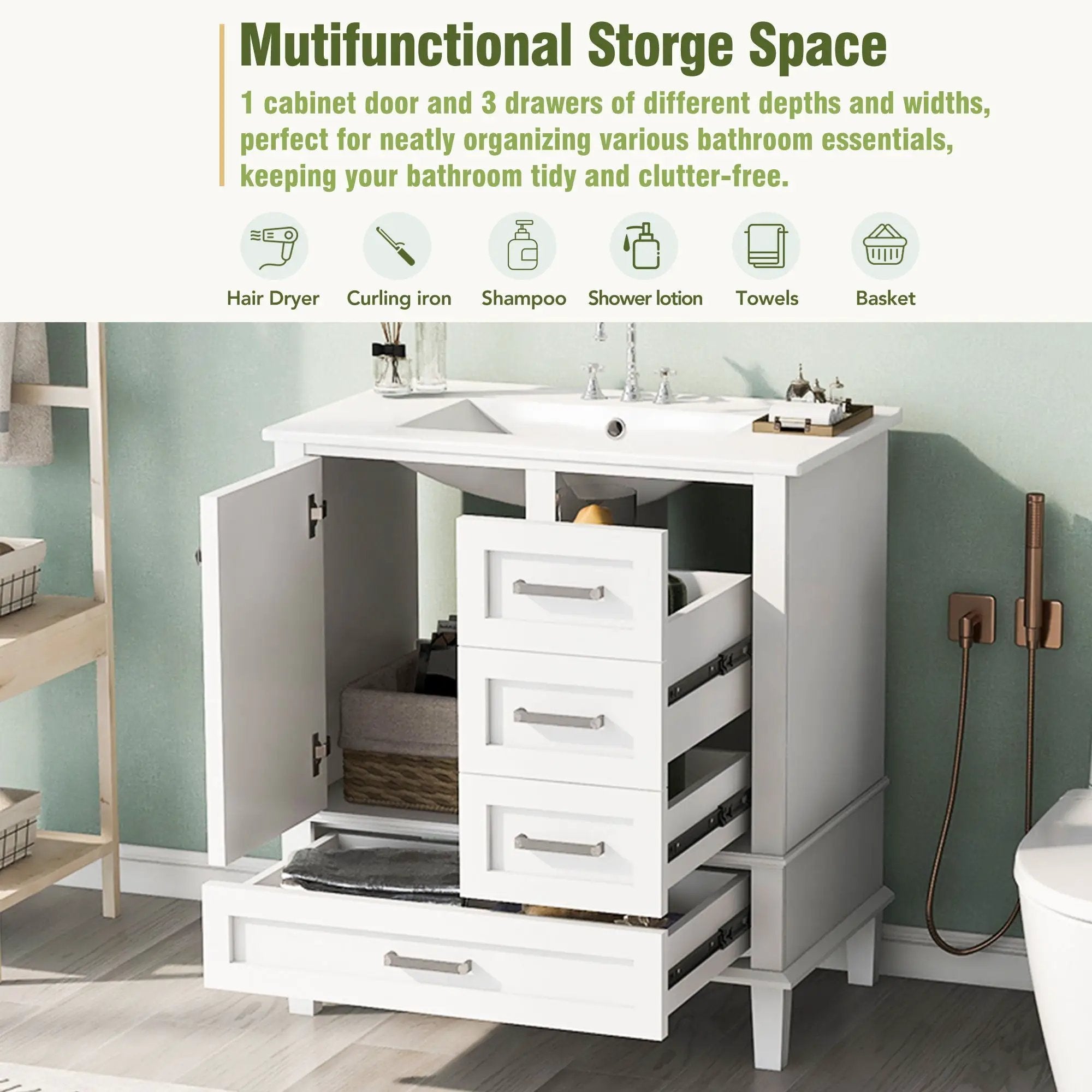 Bathroom Vanity, Modern Bathroom Cabinet With Sink Combo Set, Bathroom Storage Cabinet With A Soft Closing Door And 3 Drawers, Solid Wood Frame by Unique Piece Furniture