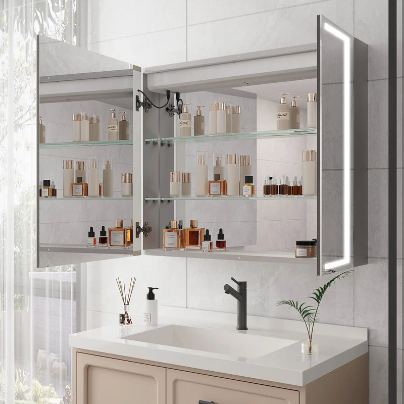 36" X 30" Medicine Cabinet With LED Vanity Mirror, Anti-Fog Recessed Or Surface Mount Bathroom Double Door Large Storage 3000K~6000K Bright Lighted Aluminum Storage Cabinet With Touch Switch - Silver by HouseOfZazla