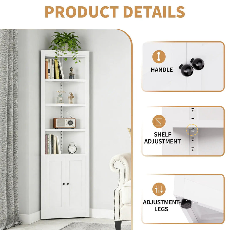 Tall Corner Storage Cabinet With 2 Doors, 5-Tier With Adjustable Shelves, Freestanding - White by Unique Piece Furniture