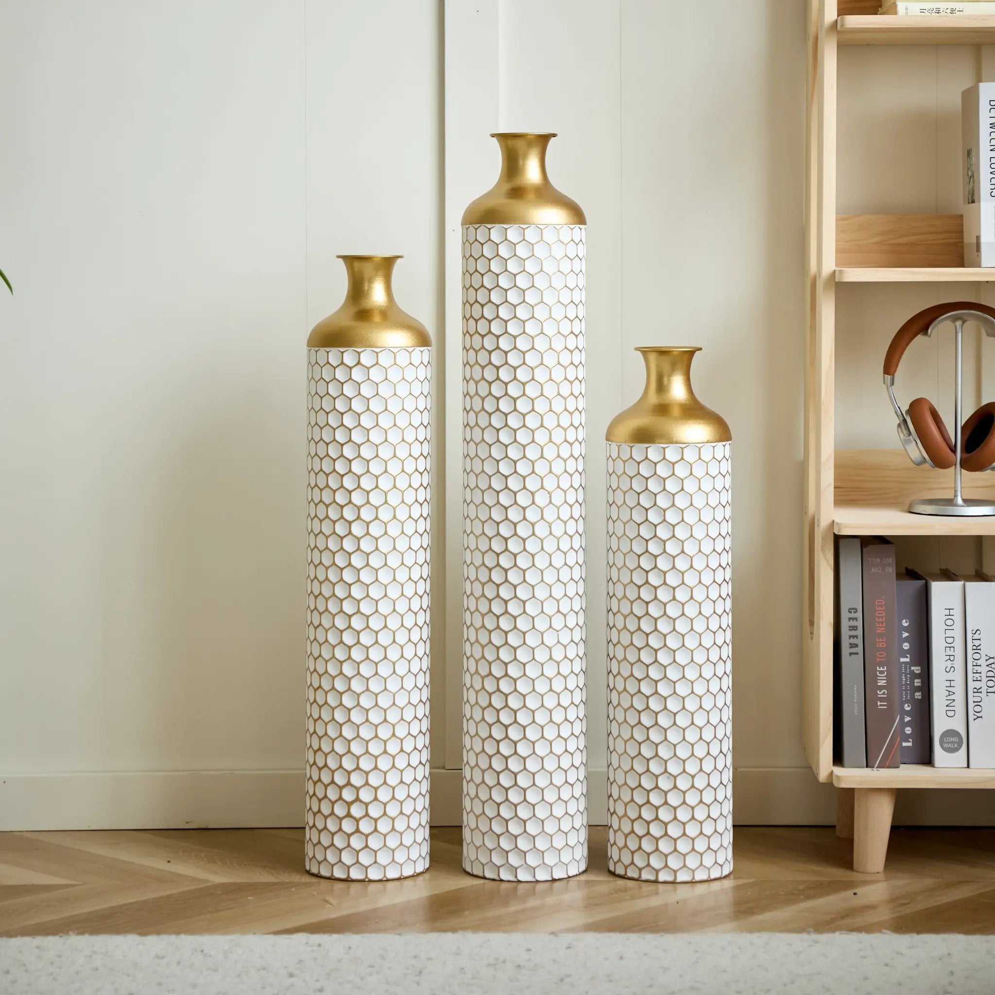 3-Piece Modern Metal Vase Set - White & Gold by HouseOfZazla