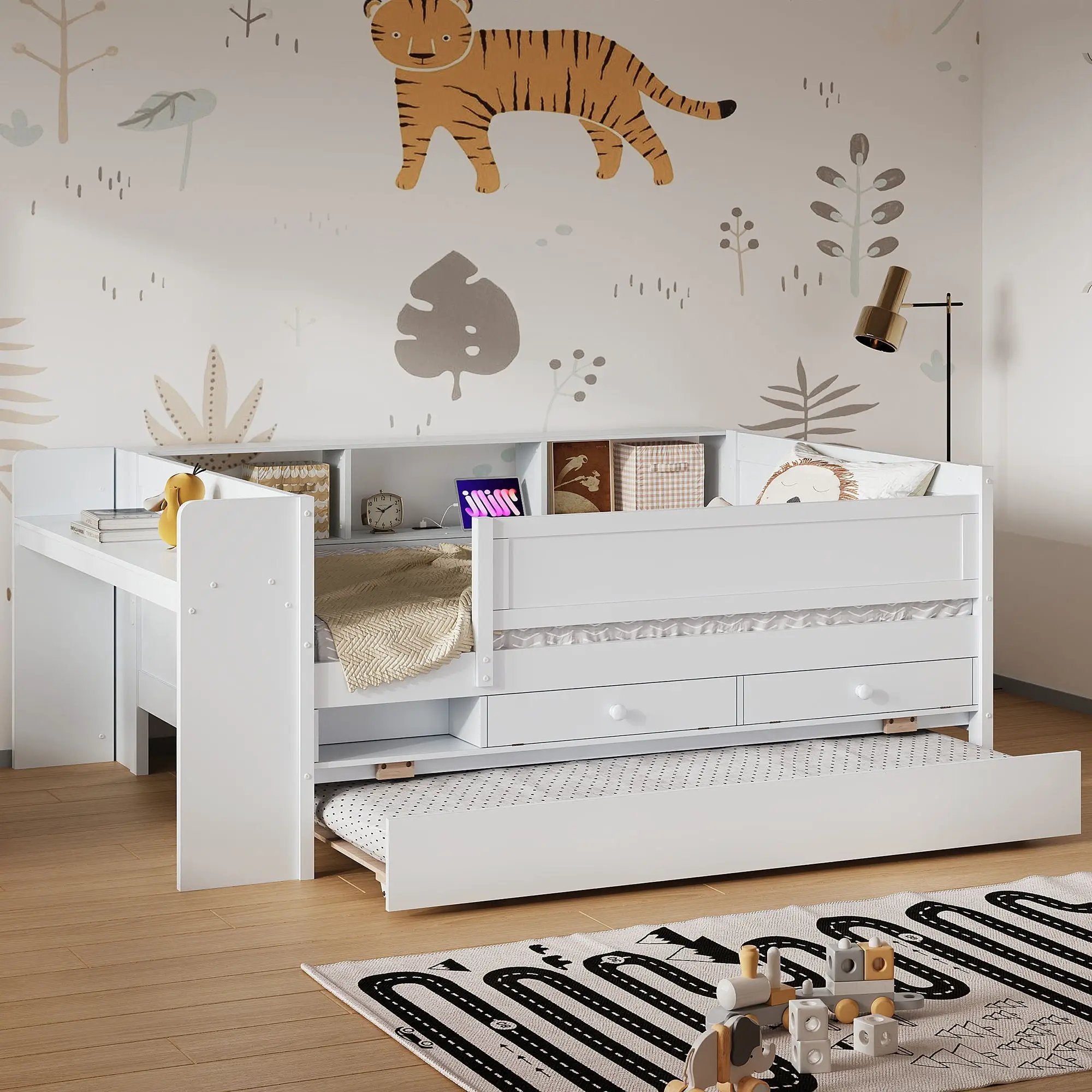 Twin Daybed With Drawers, Trundle, Headboard Storage, Study Desk, And USB Charging Station - White by Unique Piece Furniture