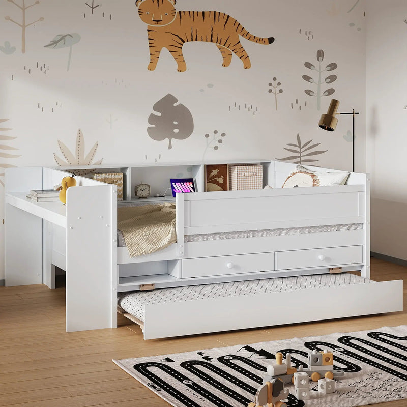 Twin Daybed With Drawers, Trundle, Headboard Storage, Study Desk, And USB Charging Station - White by Unique Piece Furniture