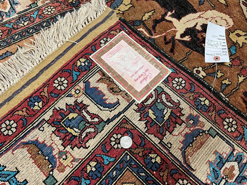 Unique Afghan Silk Rug 4x6, Hunting Pattern Animal Motifs, Light Brown and Cream, Persian Handwritten Poetry, Fine 1940s Oriental Carpet Wow by Jewel Rugs