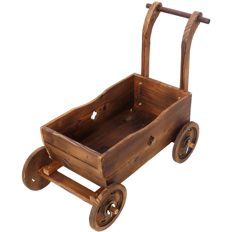 Wooden Wagon Planter Box Mobile Garden Planter With Wheels Handle Drain Hole Wood - Brown by HouseOfZazla