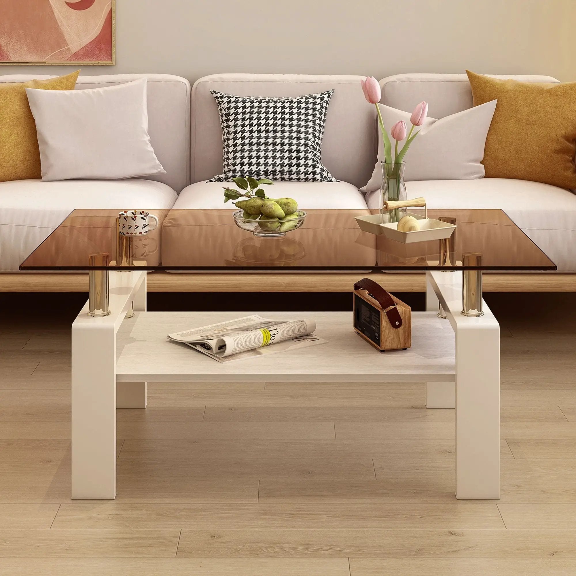 Modern Rectangular Coffee Table With Tempered Transparent Glass Top And Storage Shelf by Unique Piece Furniture