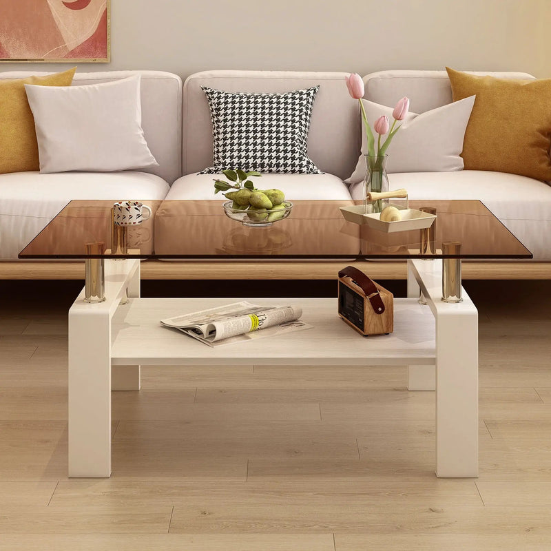 Modern Rectangular Coffee Table With Tempered Transparent Glass Top And Storage Shelf by Unique Piece Furniture