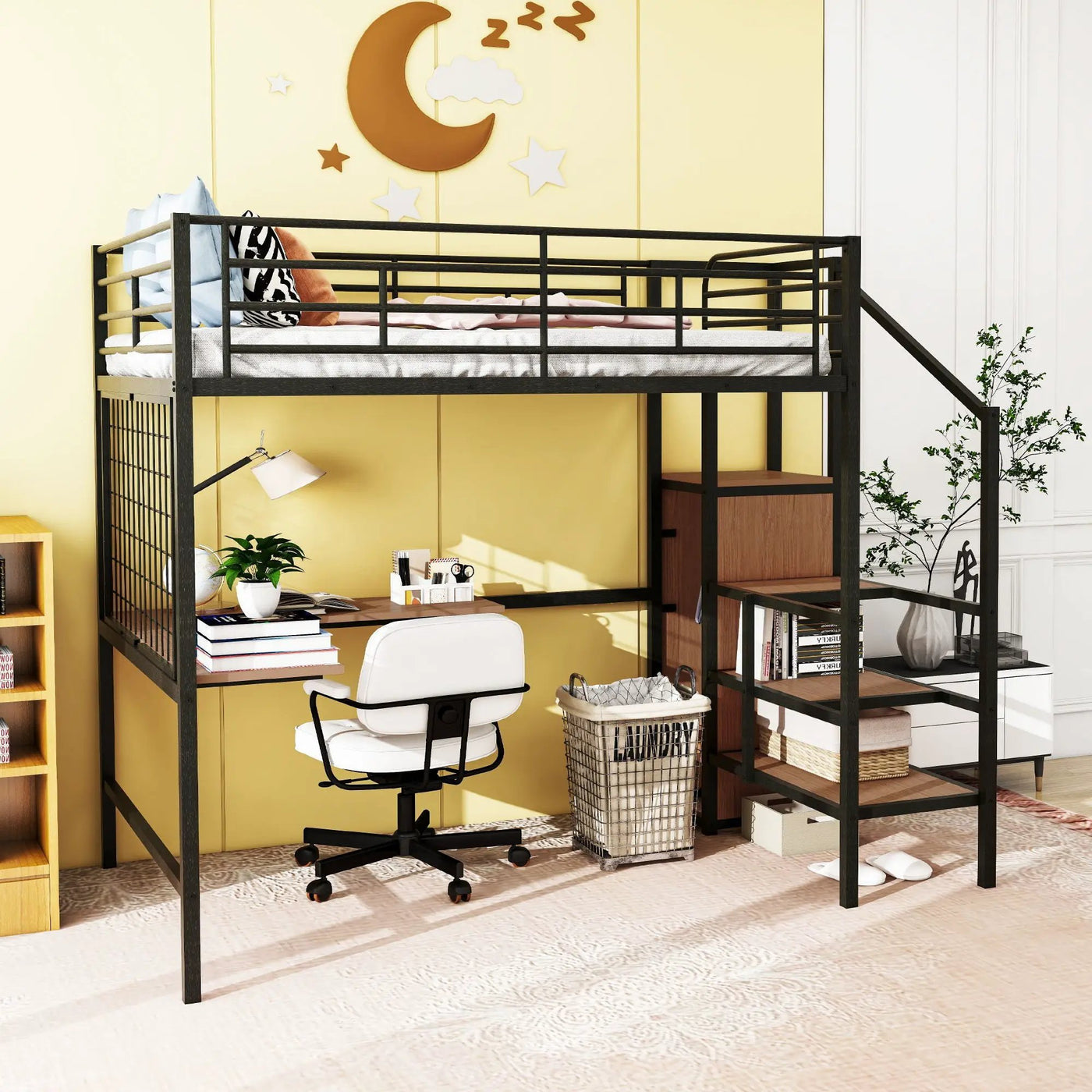Loft Bed With Desk And Grid, Stylish Frame With Lateral Storage Ladder And Wardrobe by Unique Piece Furniture