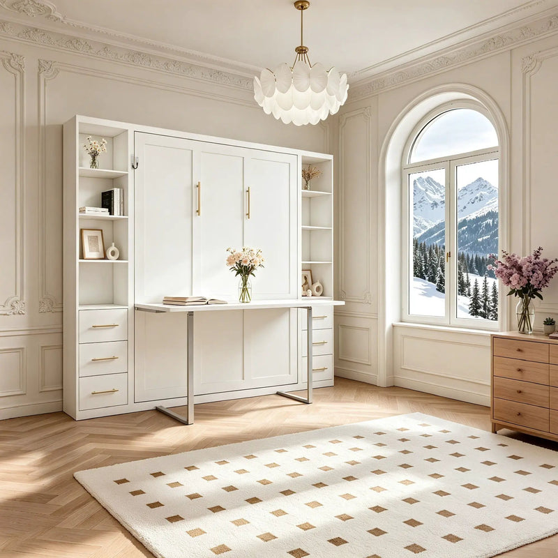 Queen Size Murphy Wall Bed With Side Storage Cabinets - White by HouseOfZazla