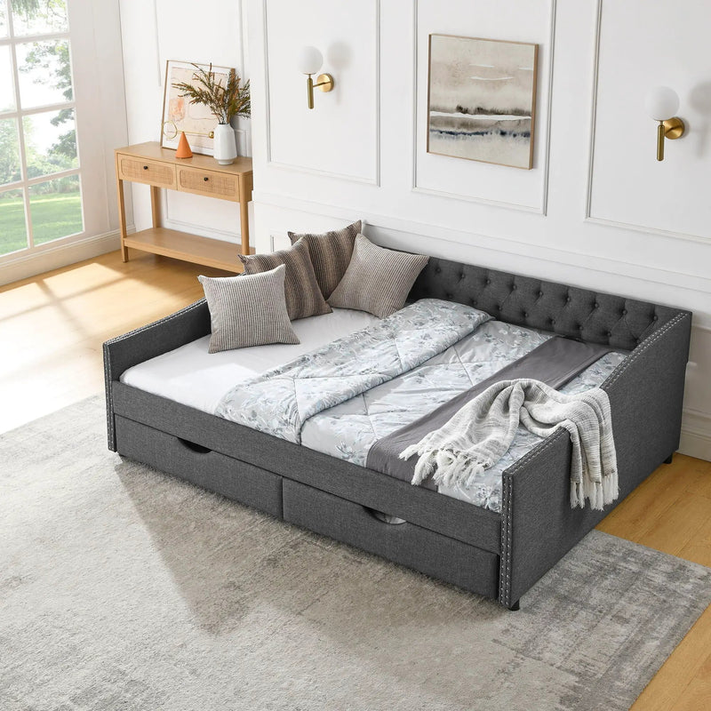Upholstered Tufted Daybed With 2 Drawers, Waved Arms by Unique Piece Furniture