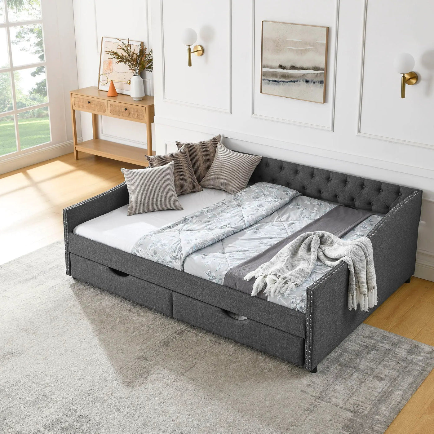 Upholstered Tufted Daybed With 2 Drawers, Waved Arms by Unique Piece Furniture