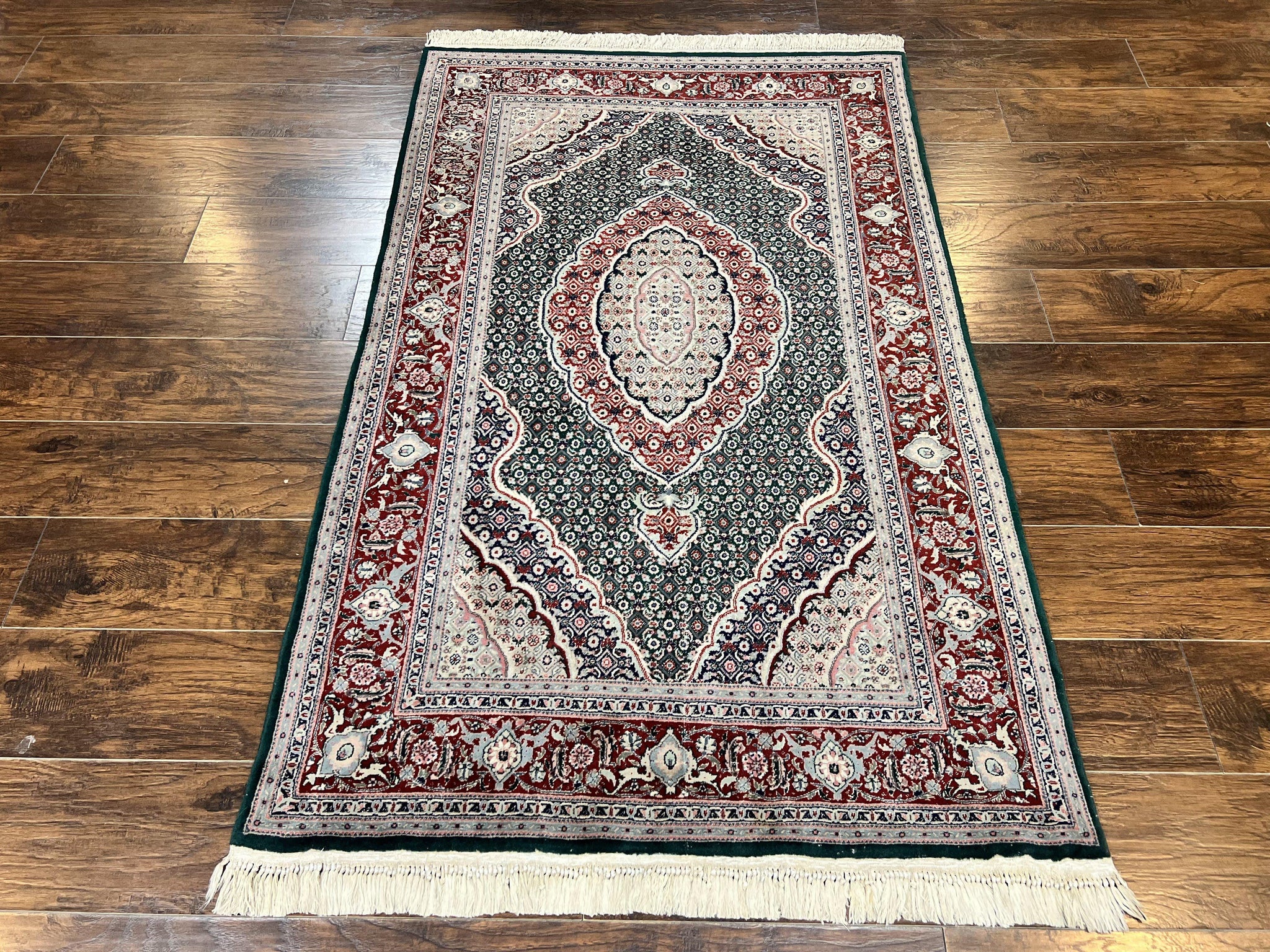 Sino Persian Rug 4x6, Wool with Silk Highlights, Fine Hand Knotted Carpet, Green & Maroon Red, Herati Medallion, Vintage Rug by Jewel Rugs