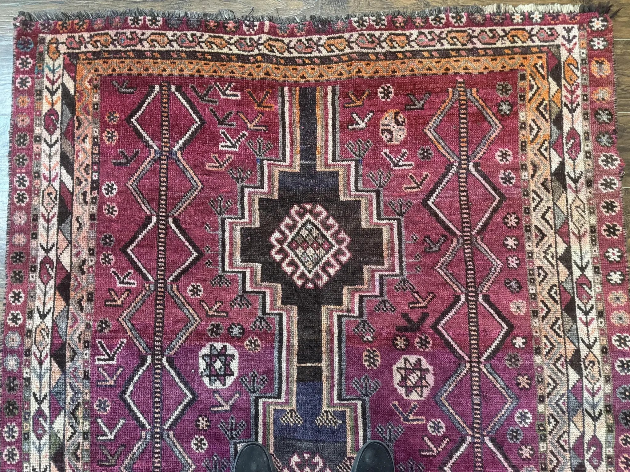 Persian Tribal Shiraz Rug 5x8, Geometric, Raspberry Red and Charcoal, Antique Persian Carpet by Jewel Rugs