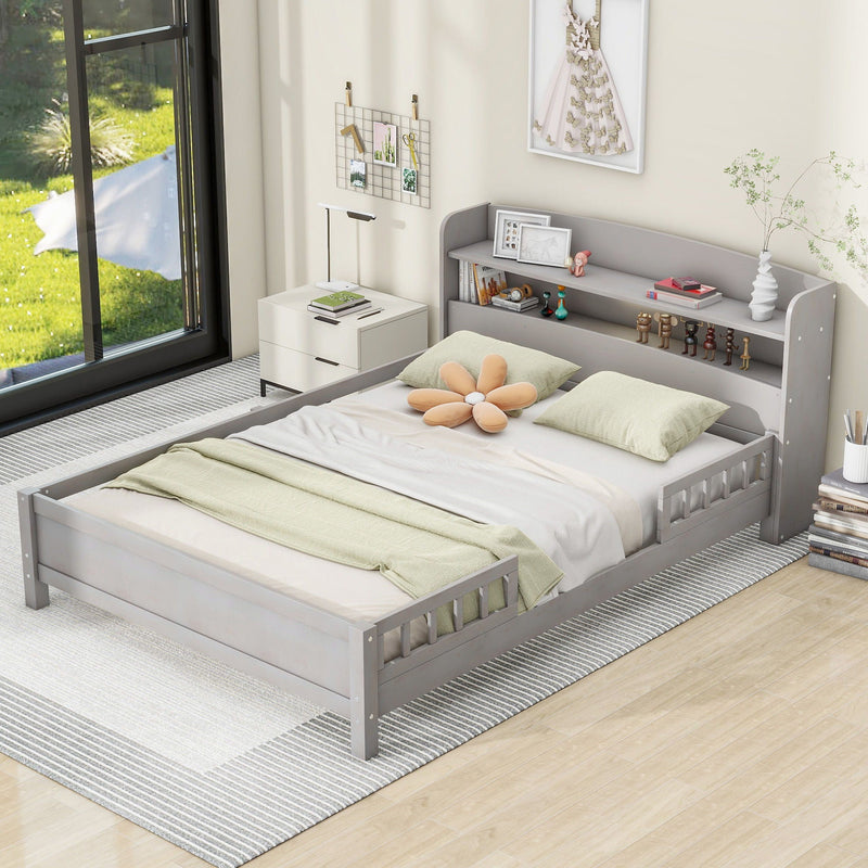 Wood Platform Bed With Built In LED Light, Storage Headboard And Guardrail by Unique Piece Furniture