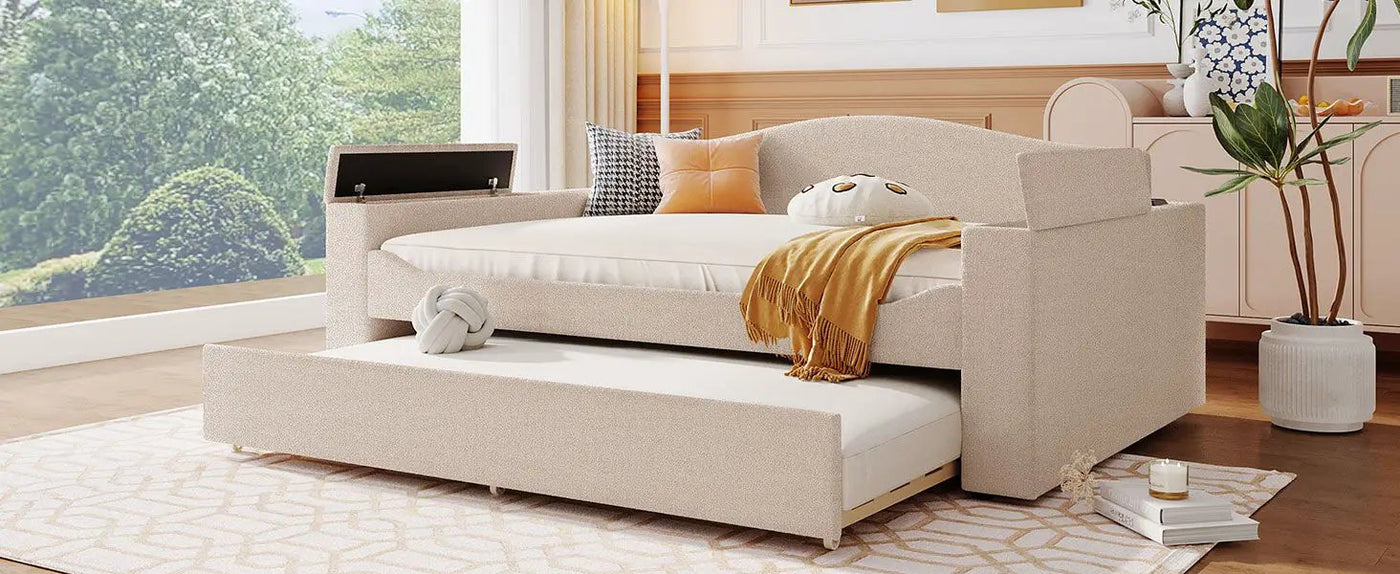 Upholstered Daybed With Storage Armrests, Trundle And Latest Integrated tooth Audio System by HouseOfZazla