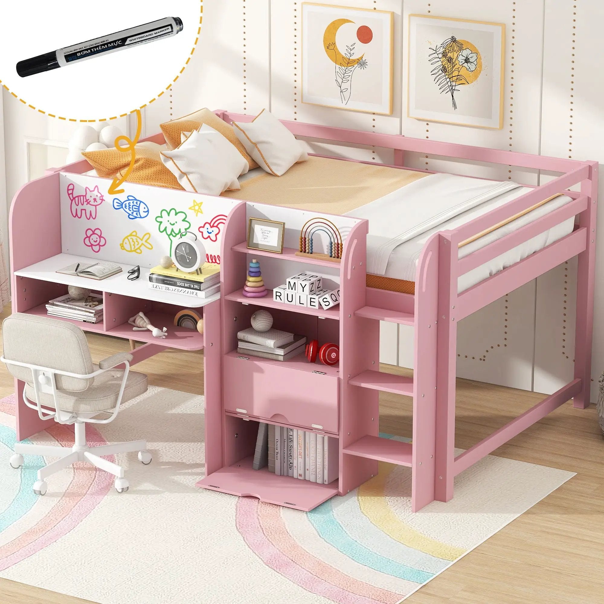 Low Loft Bed With Built In Desk, Storage Cabinets, Open Bookcase And Doodle board by Unique Piece Furniture