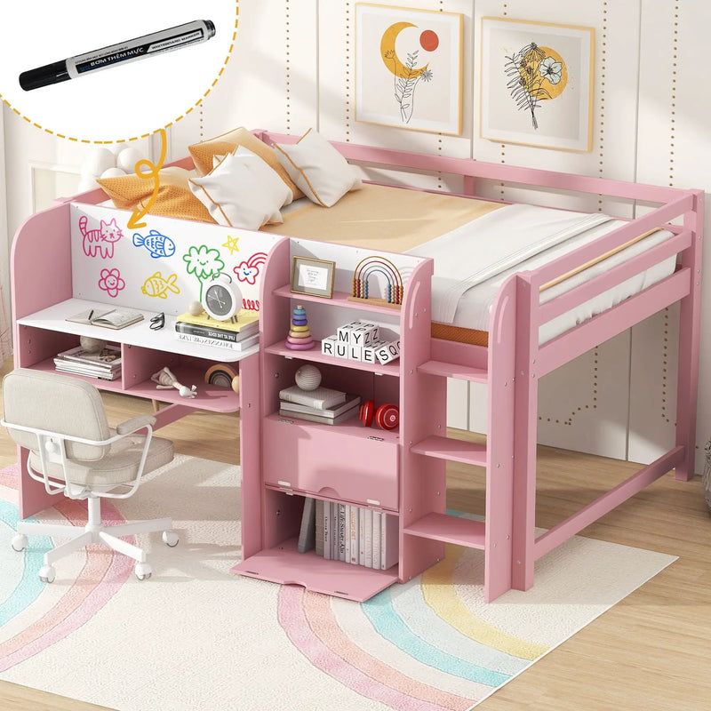 Low Loft Bed With Built In Desk, Storage Cabinets, Open Bookcase And Doodle board by HouseOfZazla